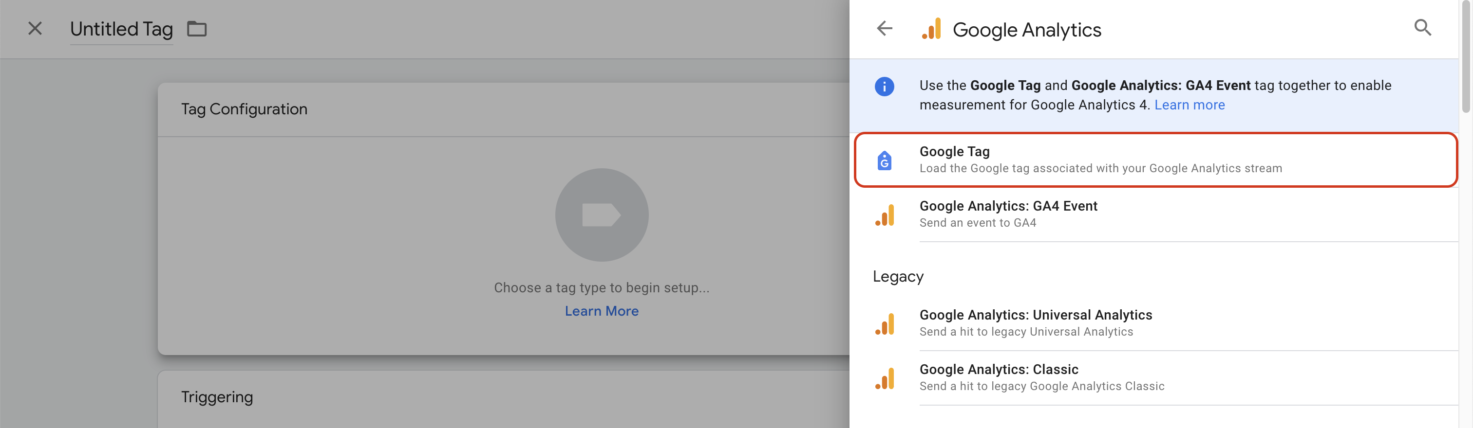 Google Analytics select google tag for GA4