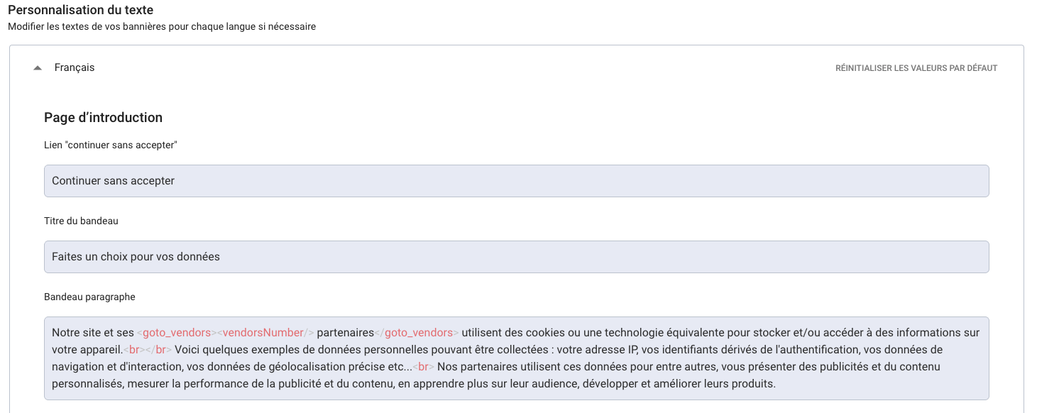 Add notice Text translation privacy policy link