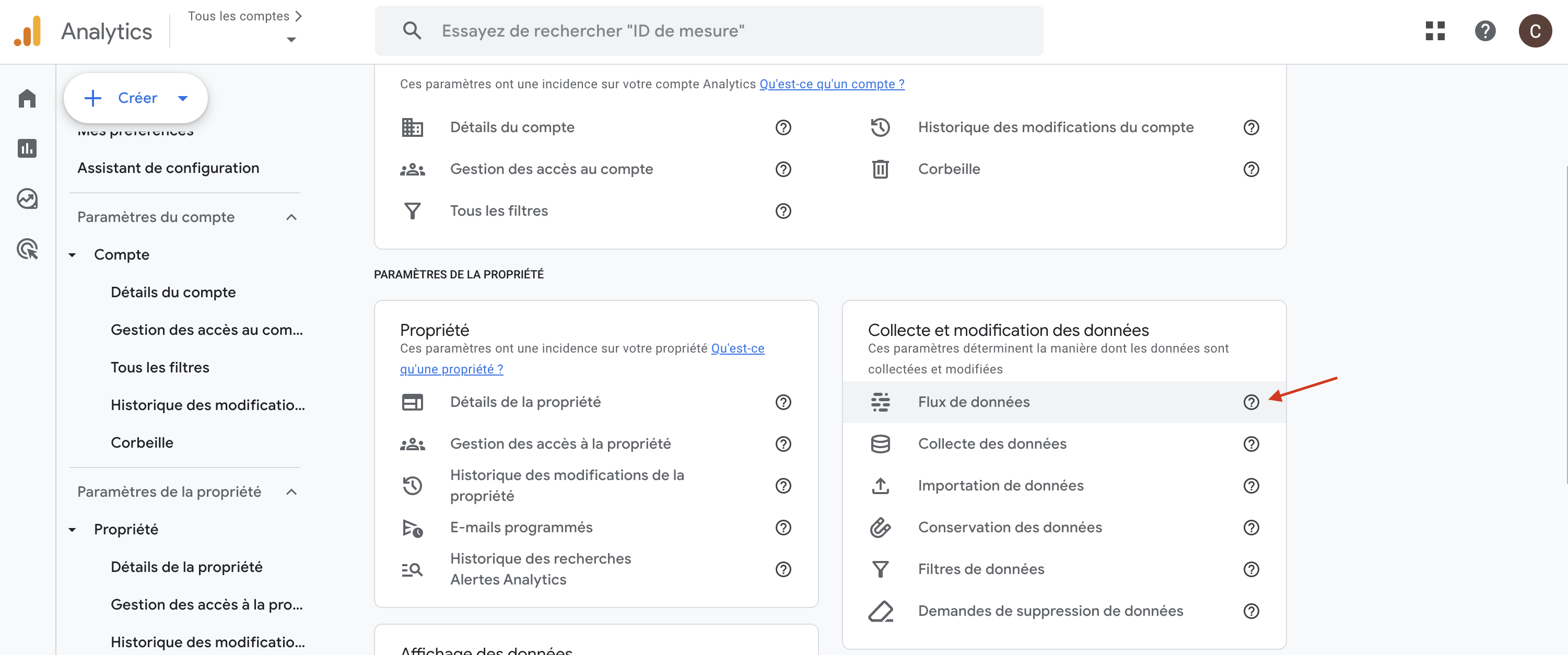 Google Analytics ouverture du menu flux de donnée
